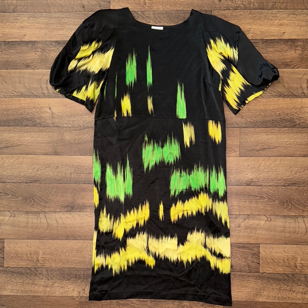 Dries Van Noten Size 42 / US 6 Black Green Yellow 100% Silk Dress Quiet Luxury